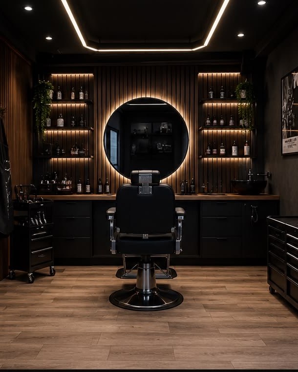 The Private Chair studio: a single barber chair before a backlit round mirror, matte black units and warm wood shelving